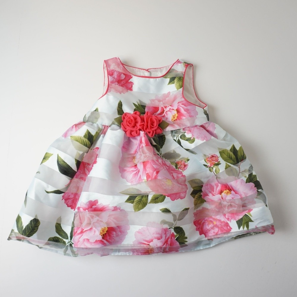 Mia & Mimi Floral Party Dress‎ Baby 6-9M Pink White Rosette Organza Stripe